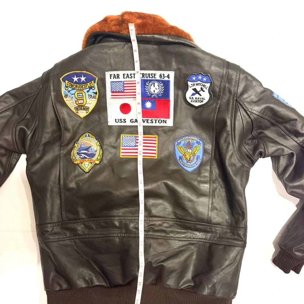 Men's Cockpit Aviator Leather Bomber Jacket with Patches L Large - Picture 8 of 16